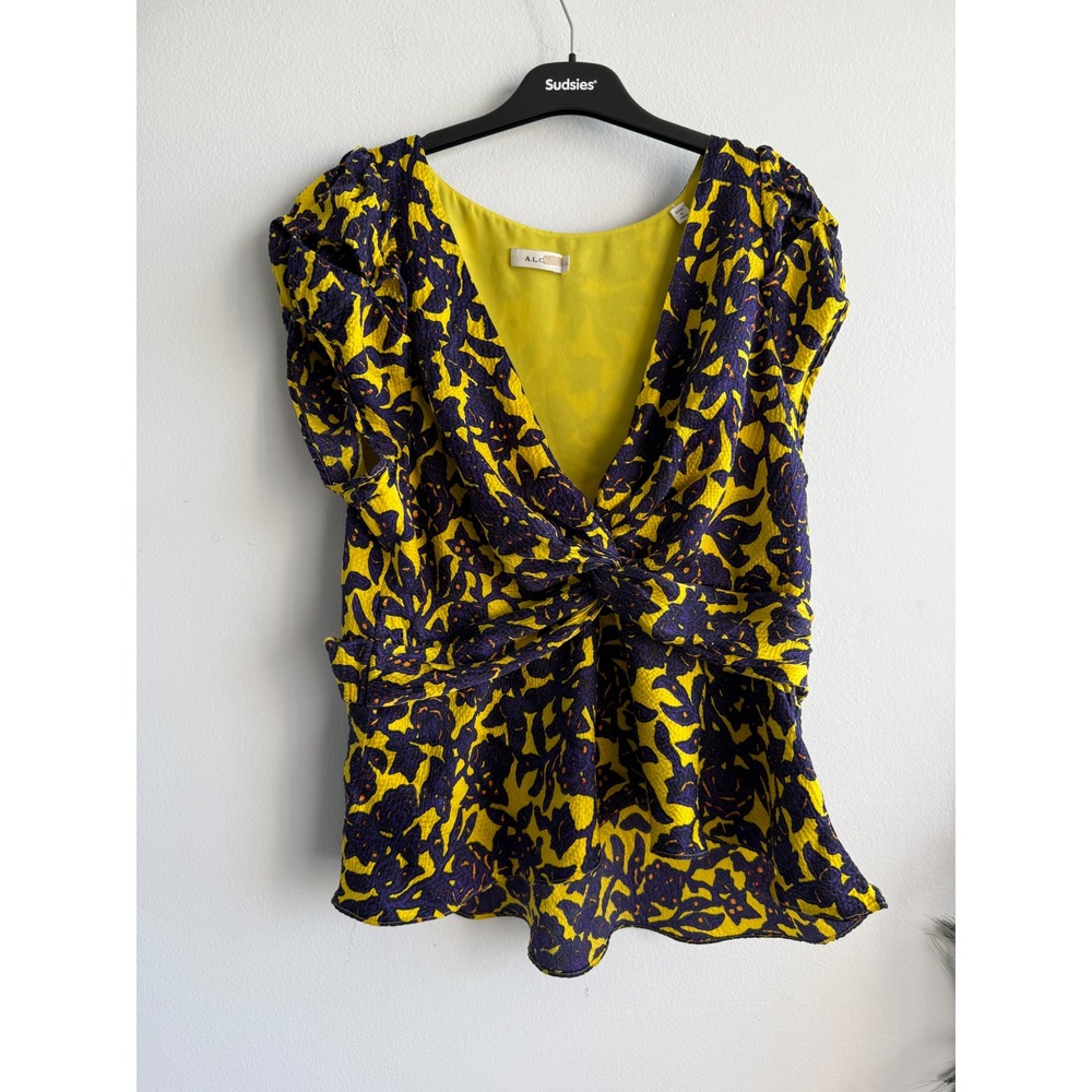 A.L.C. Yellow Purple Floral Silk Twist Front Peplum Top Sz 14